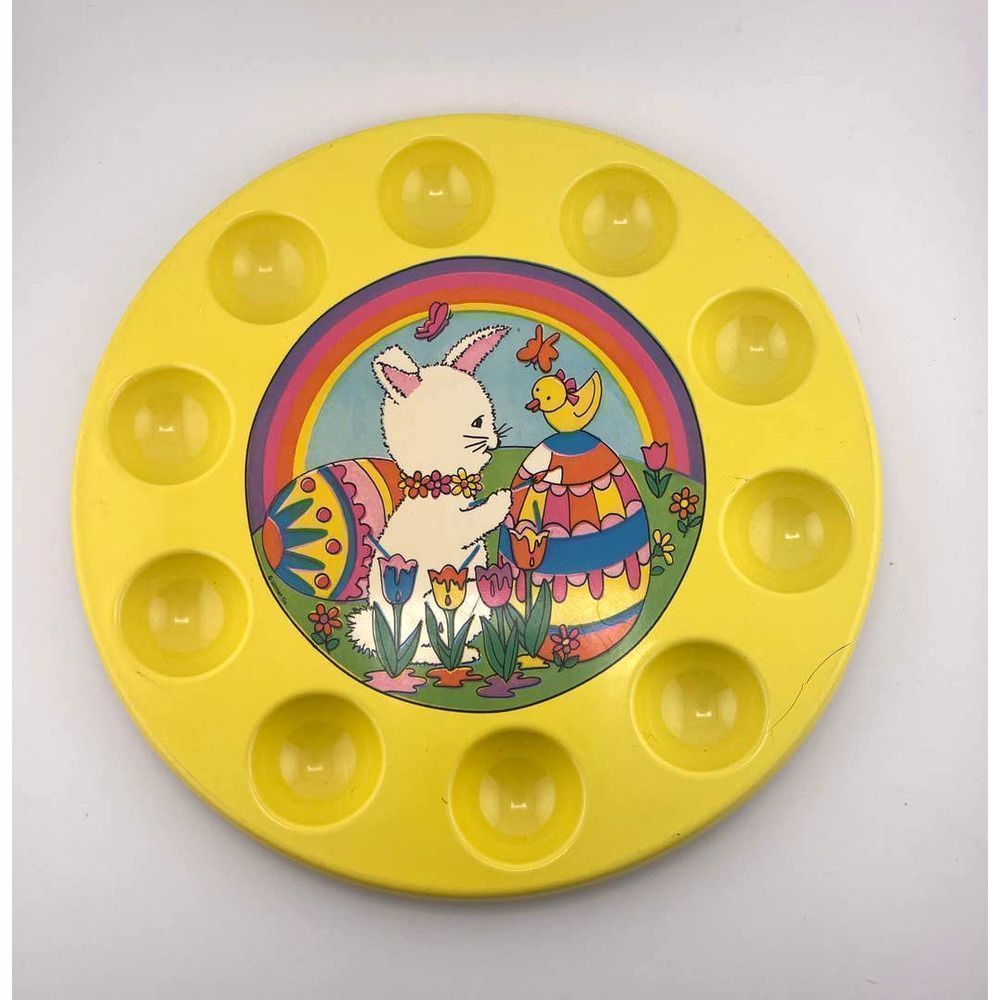 Vintage 1980s Yellow Multi Color Easter‎ Egg Displayer Bunny Duck Tulips